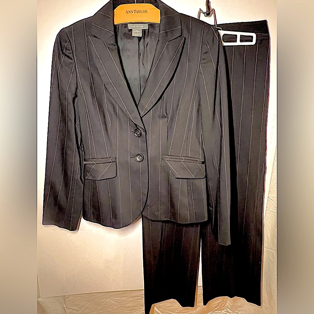 Ann Taylor pant suit. Like NEW! Black with thin pink pinstripe. Pants and blazer